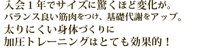 入会1年でサイズに驚くほど変化が。バランス良い筋肉をつけ、基礎代謝をアップ。太りにくい身体づくりに加圧トレーニングはとても効果的！